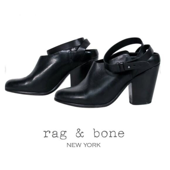 Rag & Bone "Kenny" Ankle Wrap Black Leather Shootie Heeled Mule Bootie Slides - Picture 1 of 9